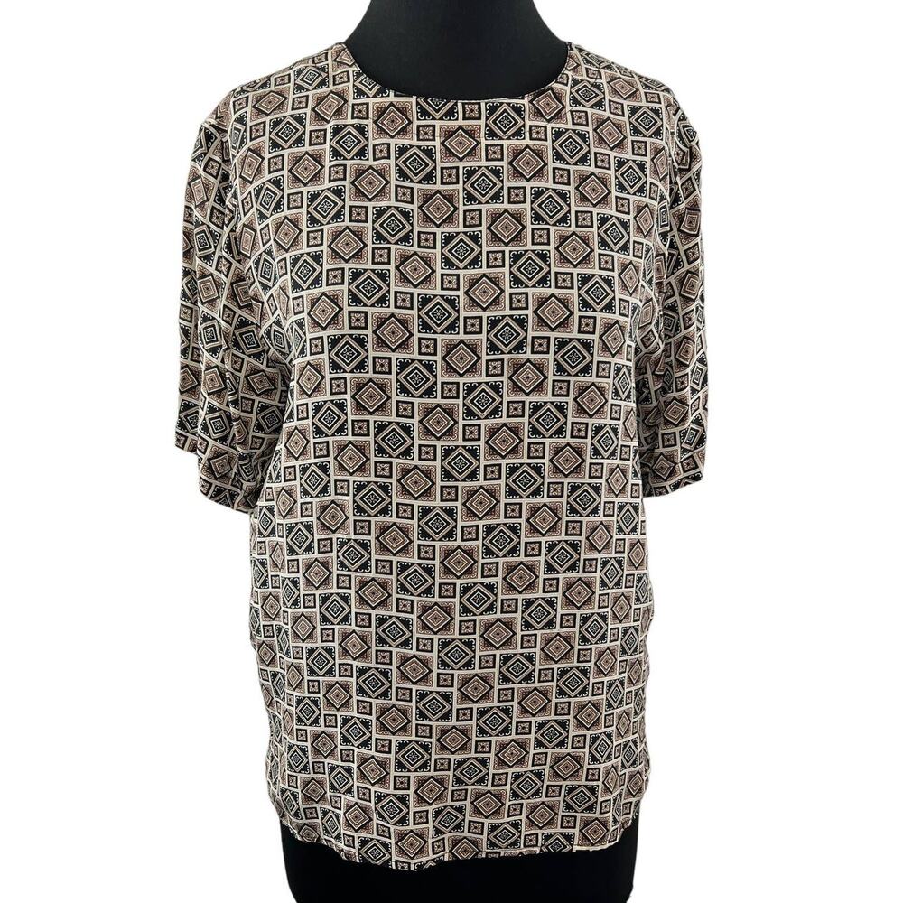 VTG Quo-Silk Brown Brown Diamond Geometric Short Sleeve Blouse Top Vintage M